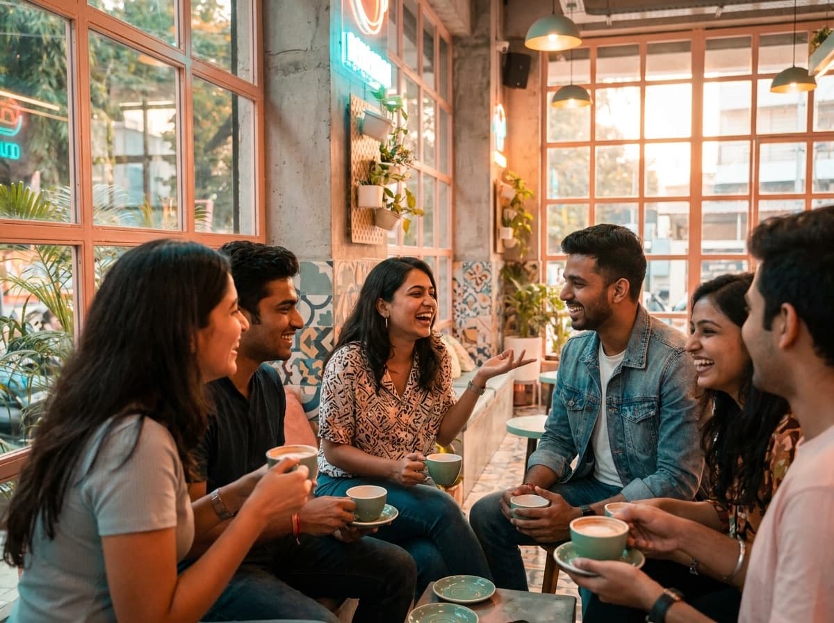 Friends talking over tea in a cafe