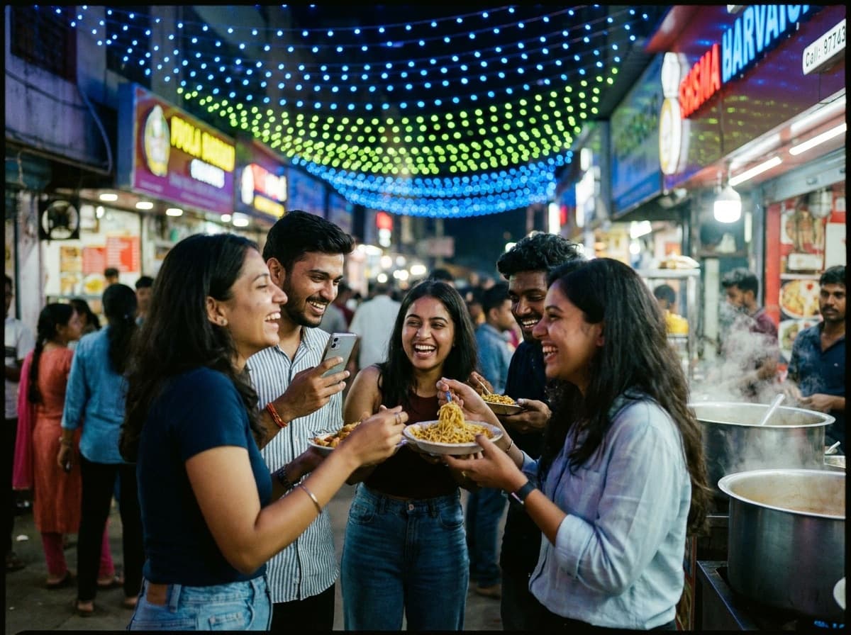 Friends sharing food at a lively street market